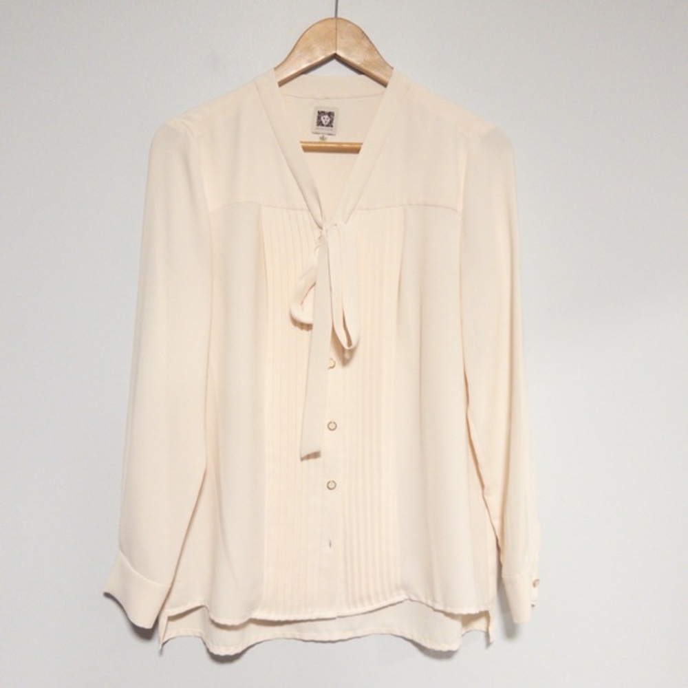 Anne Klein White Tie Front Blouse with Mandarin Collar